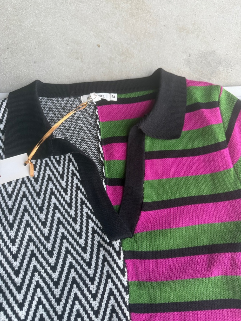 Graphic Half-&-Half Knit Top in Black, White, Green & Pink - Picture 4 of 7
